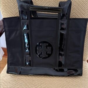 Tory Burch Black Canvas Tote with Patent Trim and Logo Accent